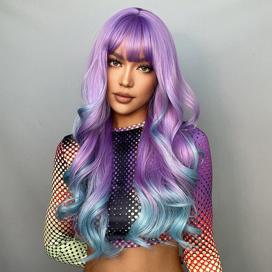 Cosplay Colored Wig With Long Curly Bangs And Purple Gradient Blue Hair