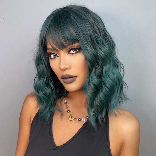Full-head Wig Chemical Fiber Air Bangs Green Curly Hair
