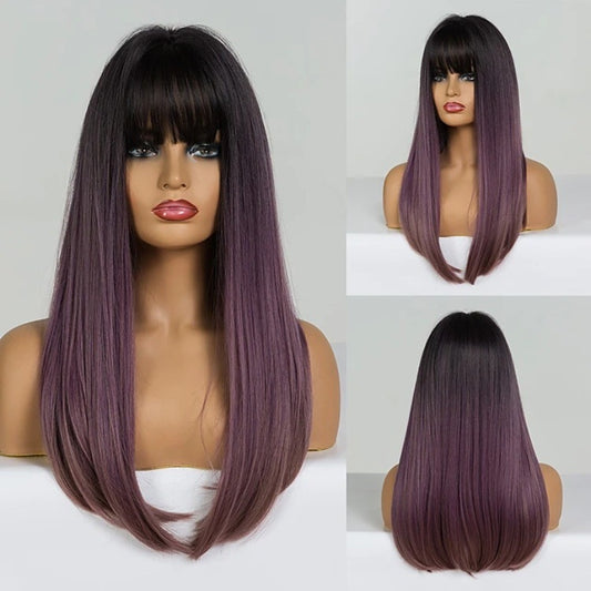 Black Gradient Mixed Purple With Bangs Long Straight Hair